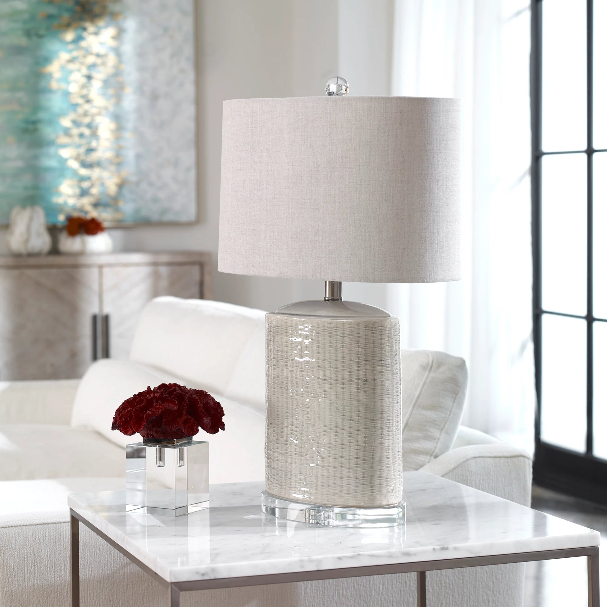 Modica Taupe Ceramic Lamp by Uttermost. Made from high temperature ceramic, crystal in a modern style.