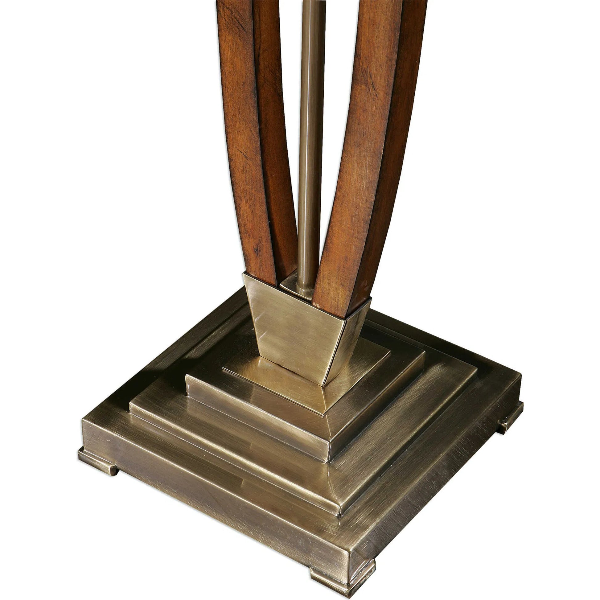 Boydton Burnished Wood Floor Lamp by Uttermost. Made from iron, linen, rubber wood in a modern style.