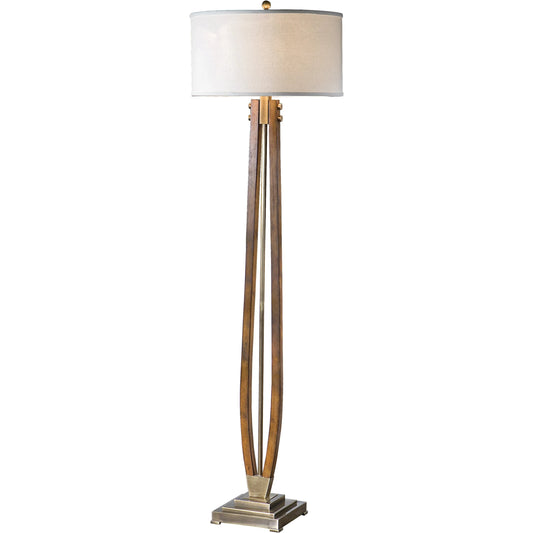 Boydton Burnished Wood Floor Lamp by Uttermost. Made from iron, linen, rubber wood in a modern style.