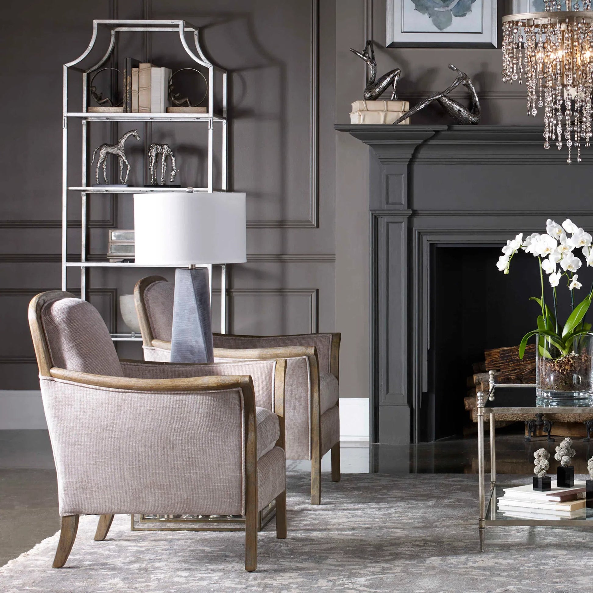 Anatoli Table Lamp by Uttermost in gray. Made from glass, iron, crystal in a modern style.