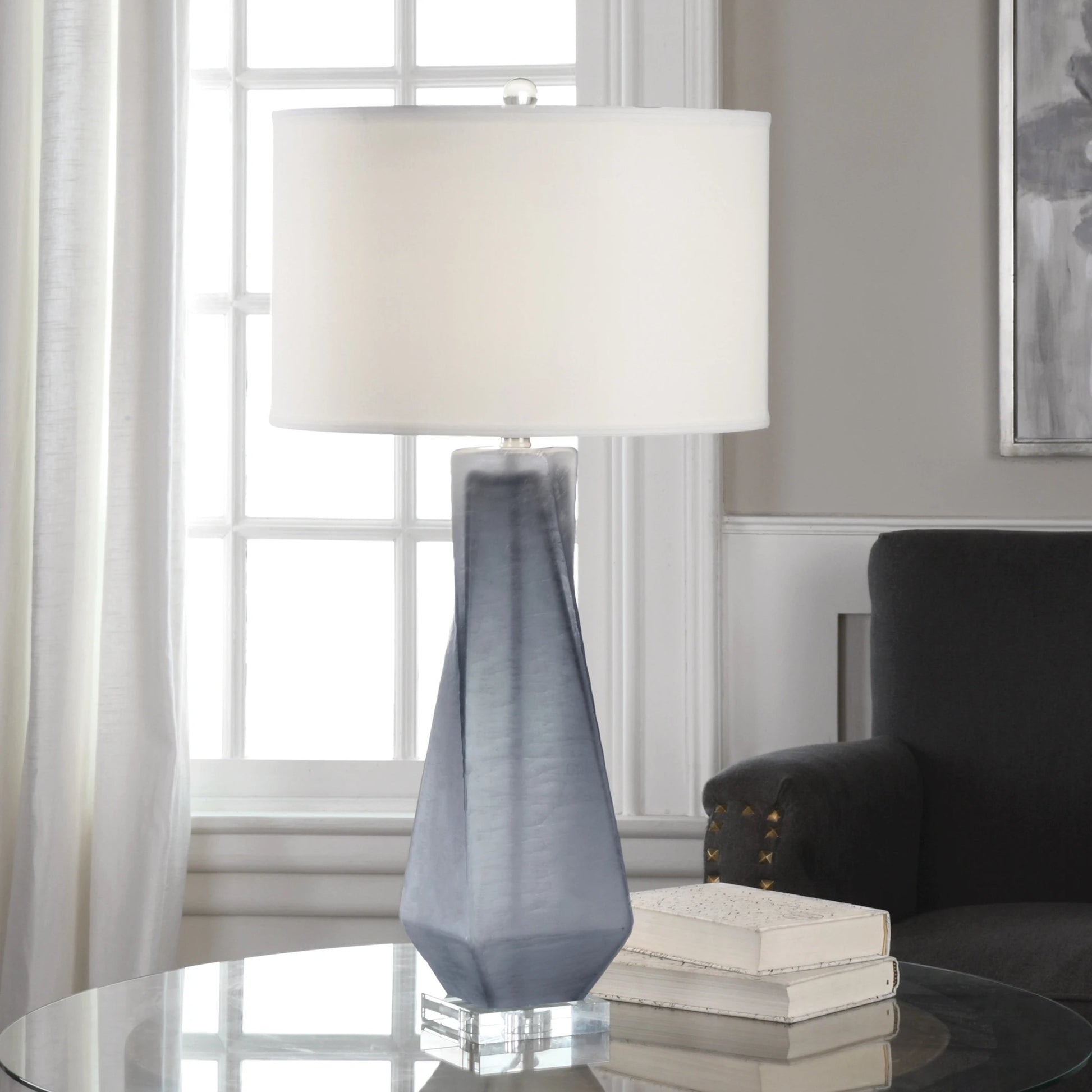 Anatoli Table Lamp by Uttermost in gray. Made from glass, iron, crystal in a modern style.