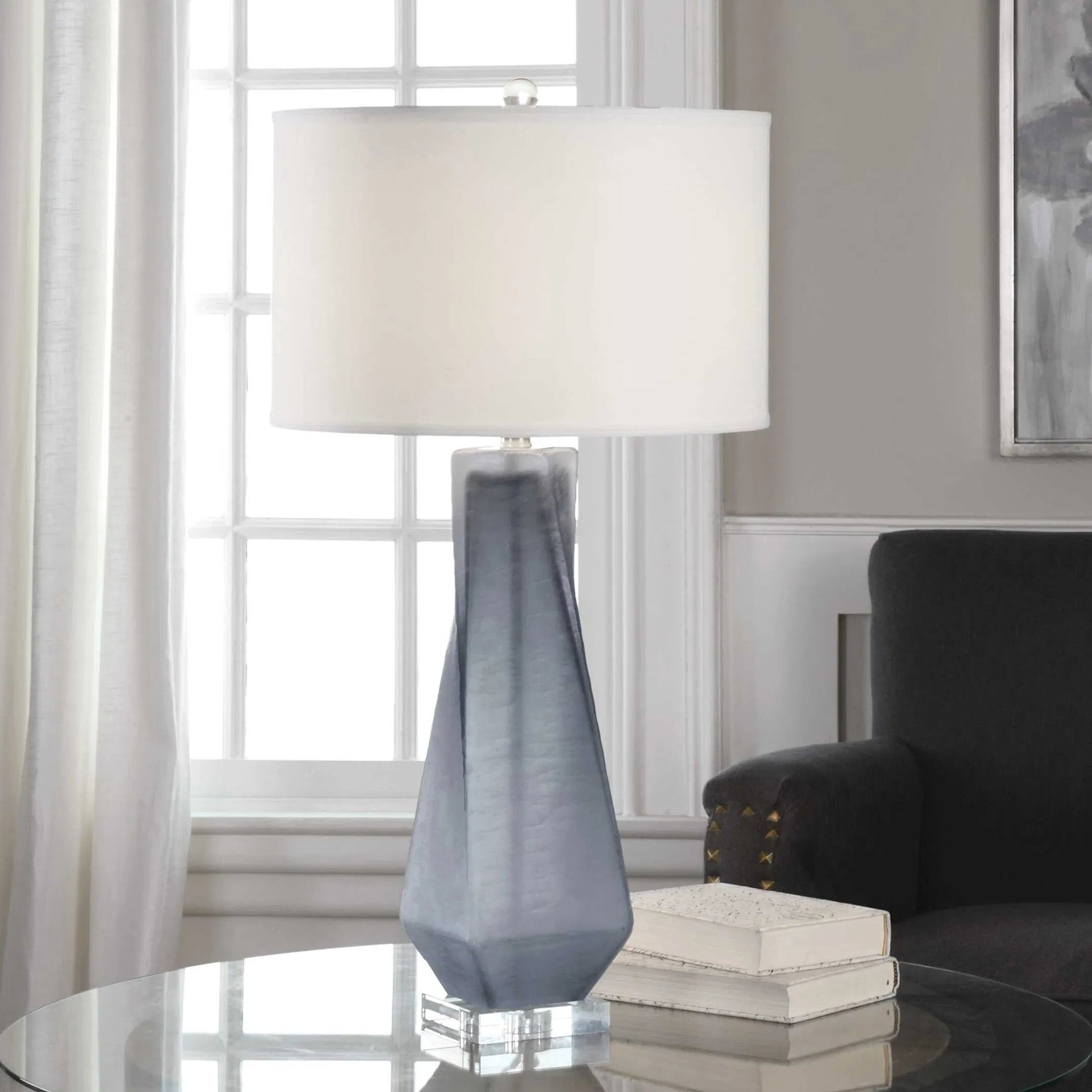 Anatoli Table Lamp by Uttermost in gray. Made from glass, iron, crystal in a modern style.