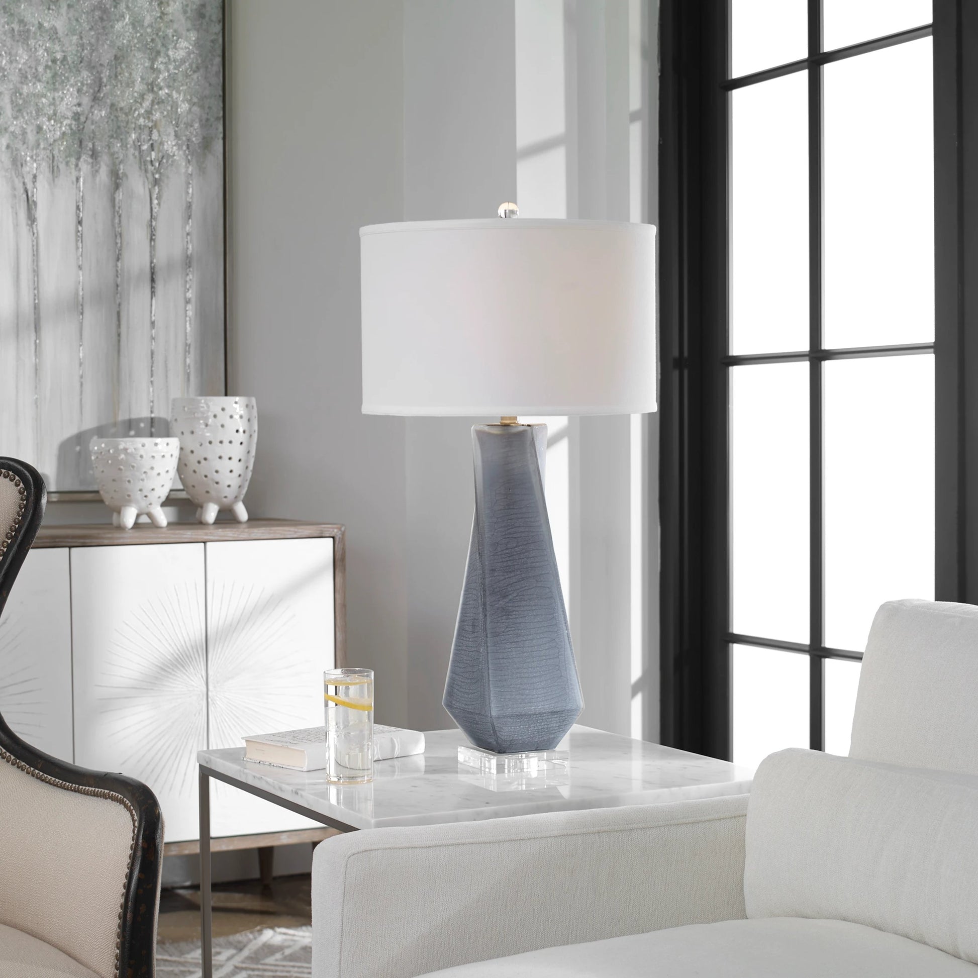 Anatoli Table Lamp by Uttermost in gray. Made from glass, iron, crystal in a modern style.
