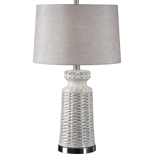 Kansa Table Lamp by Uttermost in white. Made from ceramic, steel, fabric in a modern style.