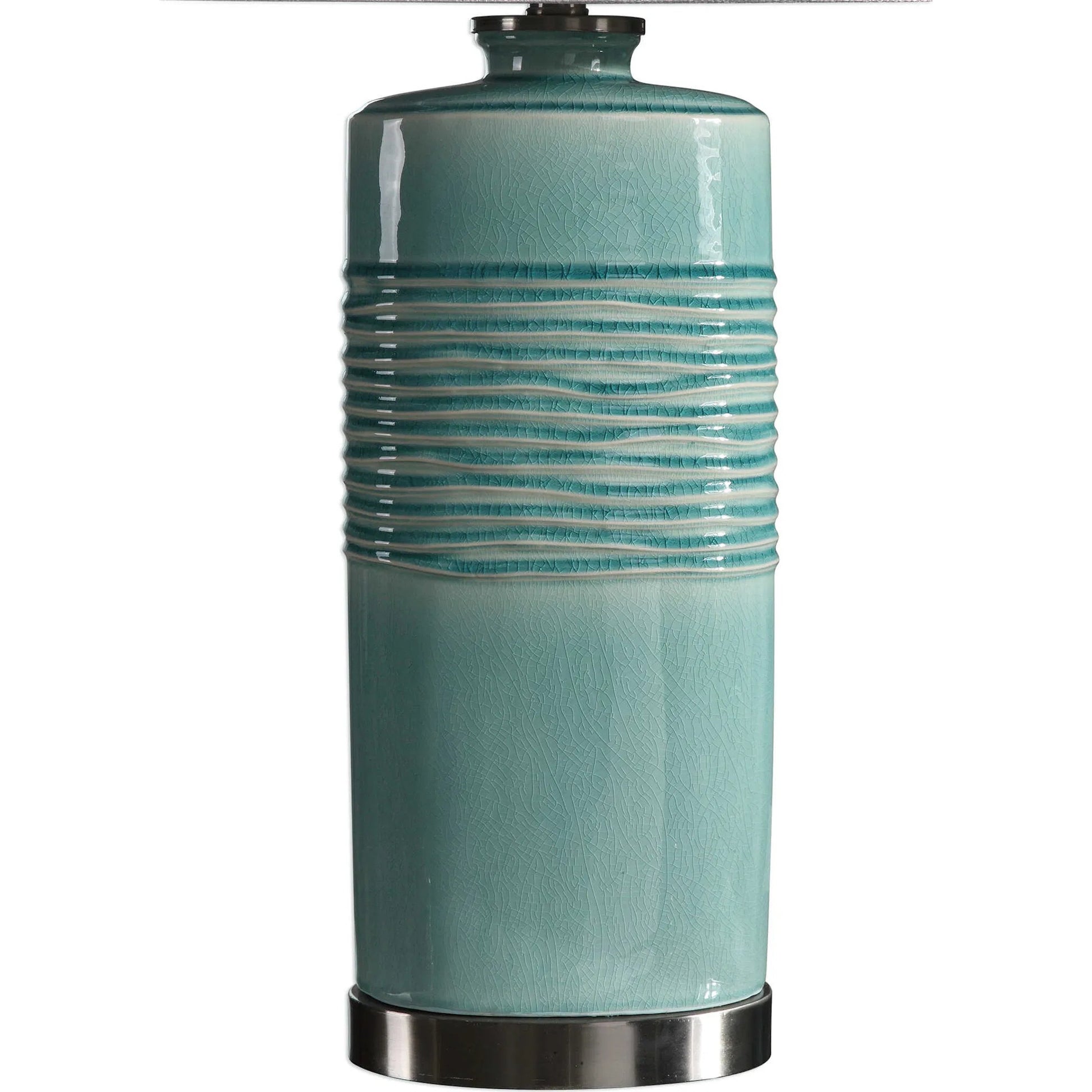 Rila Distressed Teal Table Lamp by Uttermost. Made from ceramic, iron in a modern style.