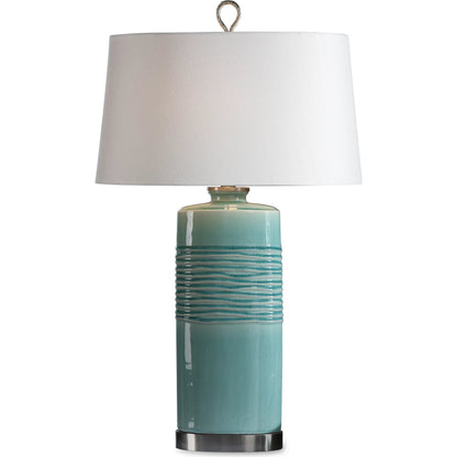 Rila Distressed Teal Table Lamp by Uttermost. Made from ceramic, iron in a modern style.