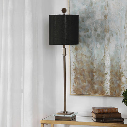 Volante Antique Brass Table Lamp by Uttermost. Made from iron, fabric, crystal in a transitional style.