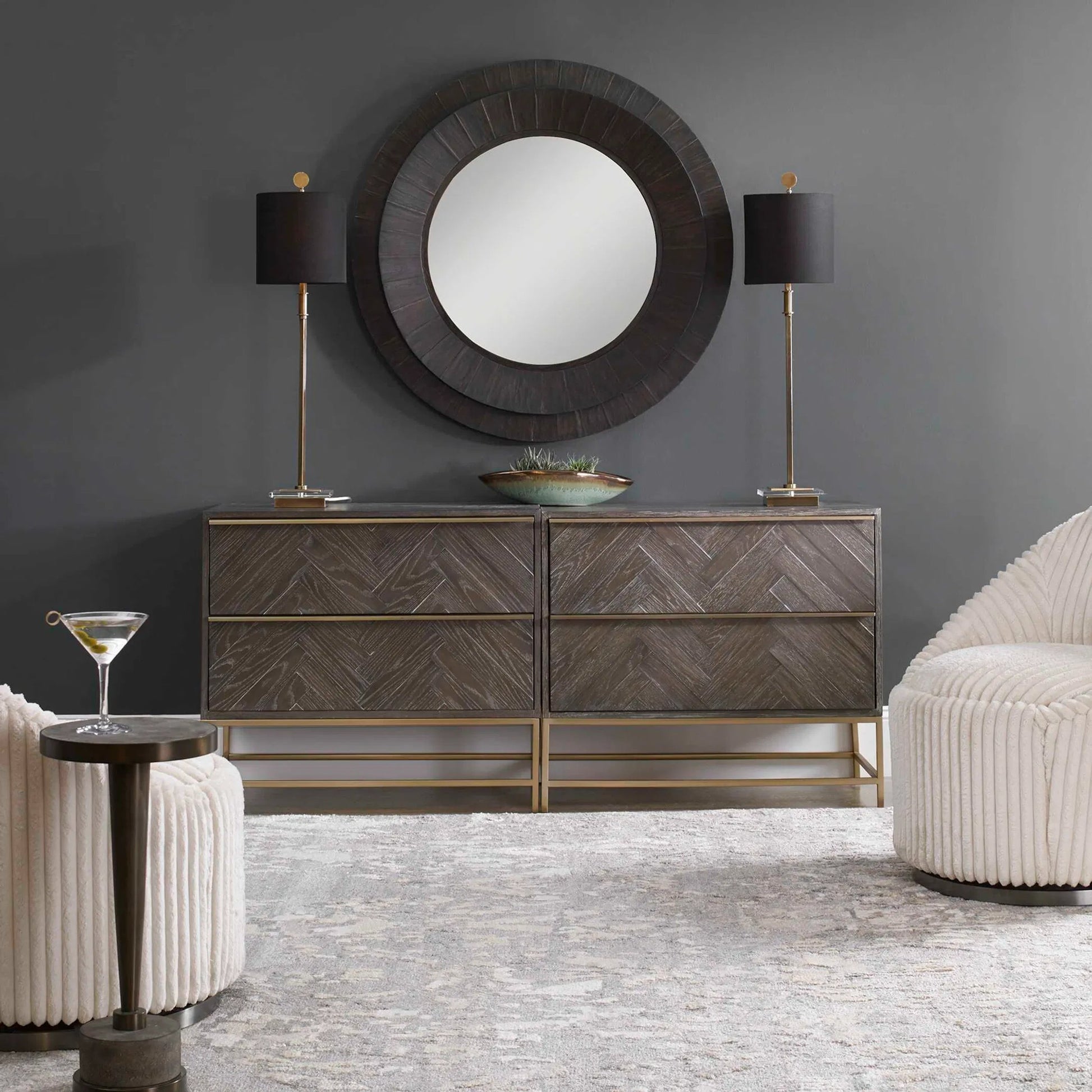 Volante Antique Brass Table Lamp by Uttermost. Made from iron, fabric, crystal in a transitional style.