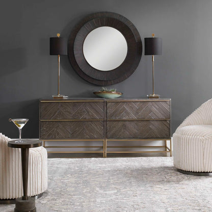 Volante Antique Brass Table Lamp by Uttermost. Made from iron, fabric, crystal in a transitional style.