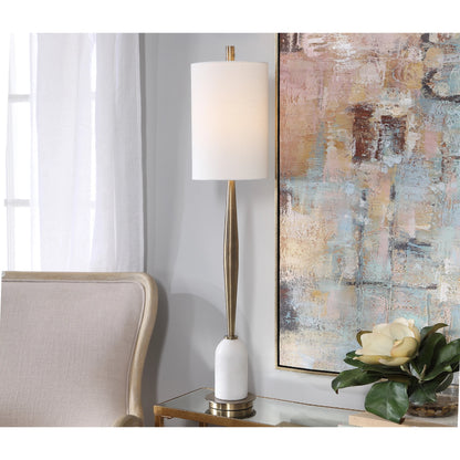 Minette Buffet Lamp by Uttermost in antique brass. Made from steel, marble, fabric in a modern style.
