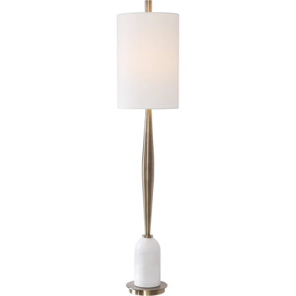 Minette Buffet Lamp by Uttermost in antique brass. Made from steel, marble, fabric in a modern style.
