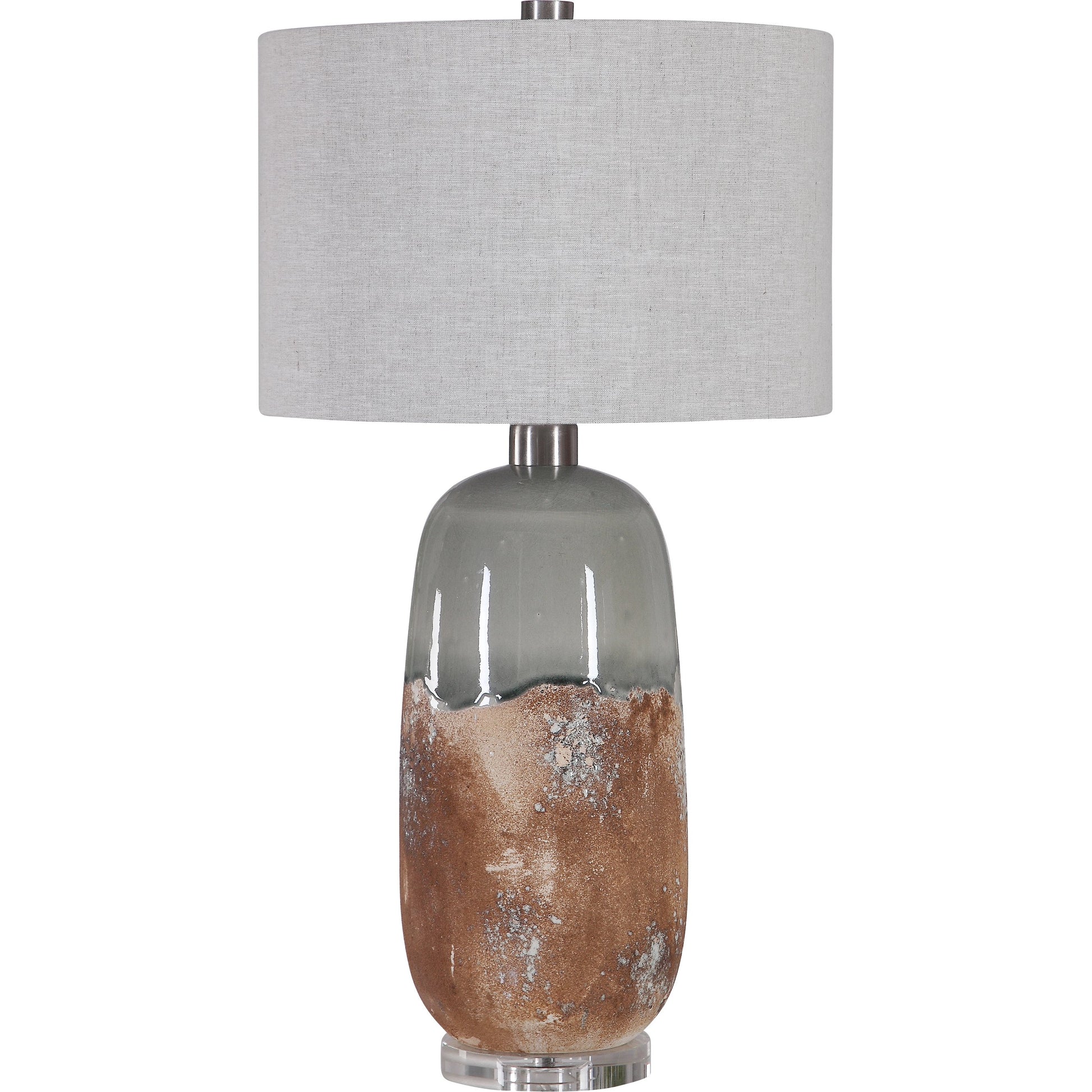 Maggie Table Lamp by Uttermost in terracotta rust, green glaze. Made from ceramic, fabric, iron, crystal in a eclectic & global style.