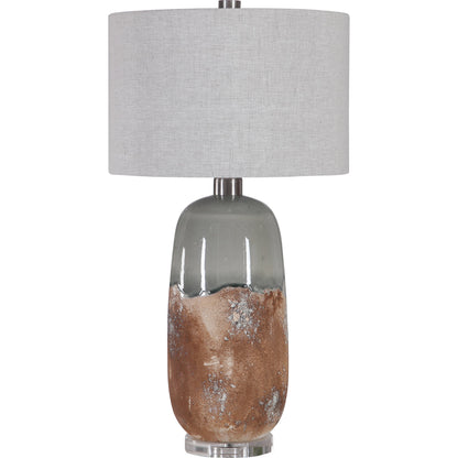 Maggie Table Lamp by Uttermost in terracotta rust, green glaze. Made from ceramic, fabric, iron, crystal in a eclectic & global style.