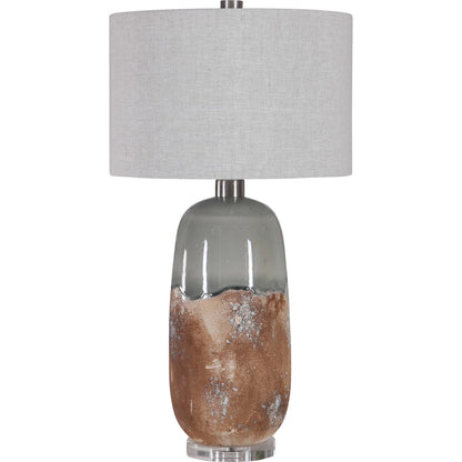 Maggie Table Lamp by Uttermost in terracotta rust, green glaze. Made from ceramic, fabric, iron, crystal in a eclectic & global style.