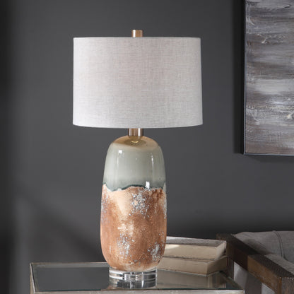 Maggie Table Lamp by Uttermost in terracotta rust, green glaze. Made from ceramic, fabric, iron, crystal in a eclectic & global style.