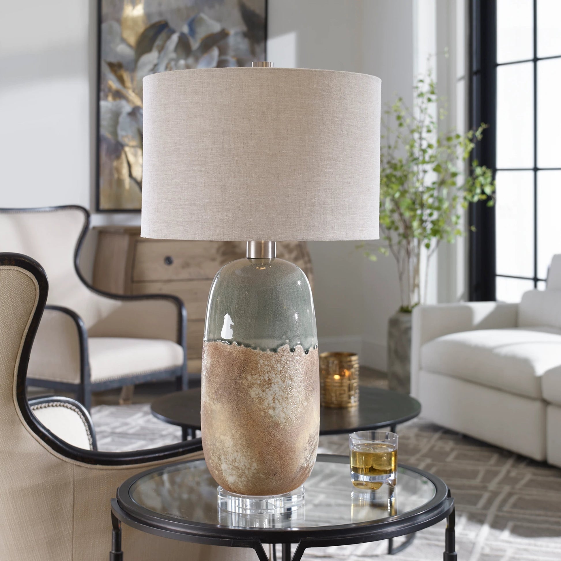 Maggie Table Lamp by Uttermost in terracotta rust, green glaze. Made from ceramic, fabric, iron, crystal in a eclectic & global style.
