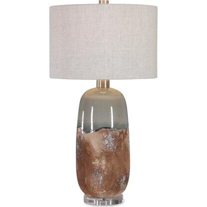 Maggie Table Lamp by Uttermost in terracotta rust, green glaze. Made from ceramic, fabric, iron, crystal in a eclectic & global style.