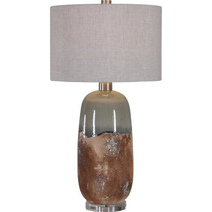 Maggie Table Lamp by Uttermost in terracotta rust, green glaze. Made from ceramic, fabric, iron, crystal in a eclectic & global style.