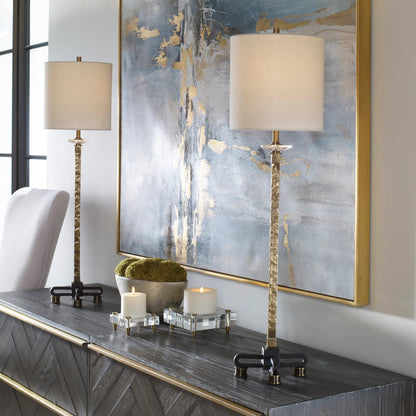 Parnell Buffet Lamp by Uttermost in antique brass. Made from steel, crystal, fabric in a transitional style.