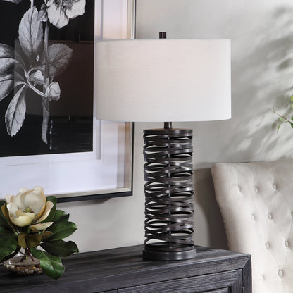 Alita Table Lamp by Uttermost in rust black. Made from steel, fabric in a modern style.