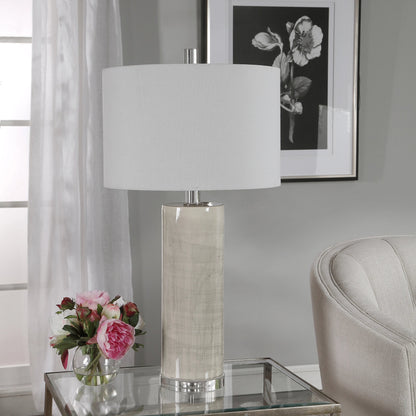 Zesiro Table Lamp by Uttermost in beige. Made from ceramic, crystal, fabric, steel in a modern style.