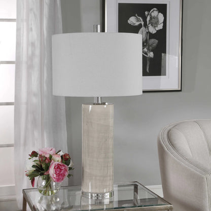 Zesiro Table Lamp by Uttermost in beige. Made from ceramic, crystal, fabric, steel in a modern style.