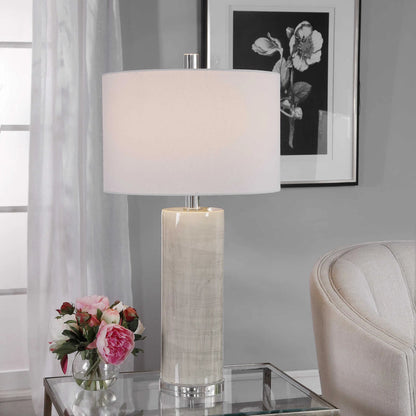 Zesiro Table Lamp by Uttermost in beige. Made from ceramic, crystal, fabric, steel in a modern style.