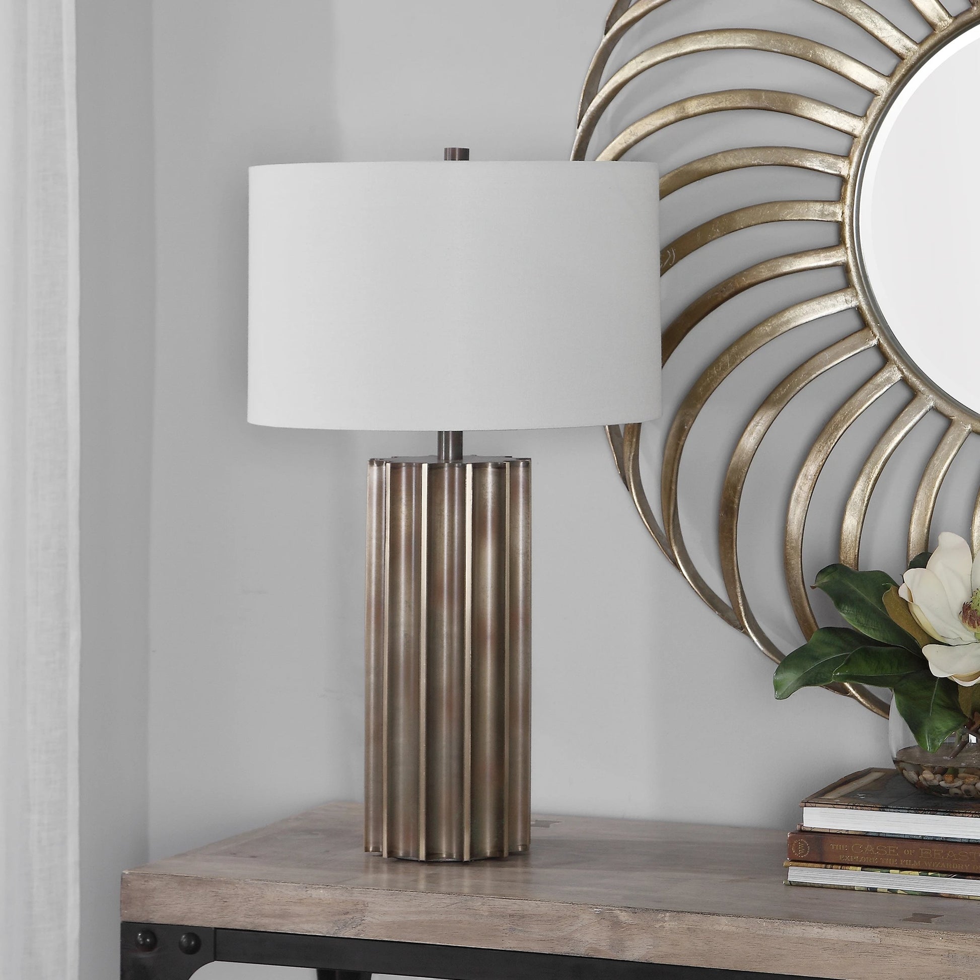 Khalio Table Lamp by Uttermost in gun metal. Made from steel, fabric in a modern style.
