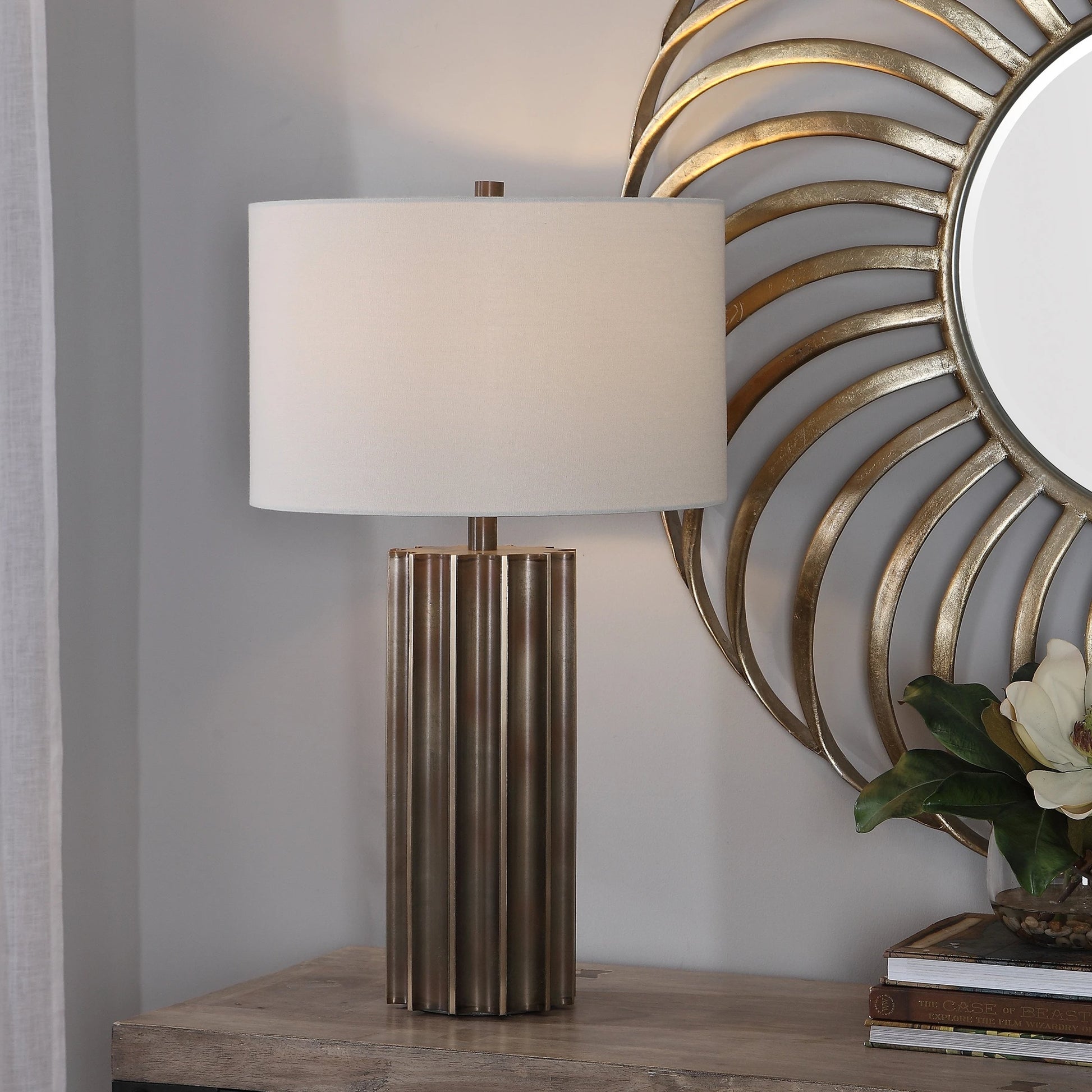 Khalio Table Lamp by Uttermost in gun metal. Made from steel, fabric in a modern style.