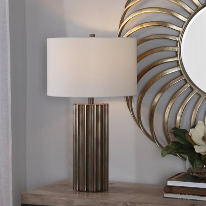 Khalio Table Lamp by Uttermost in gun metal. Made from steel, fabric in a modern style.