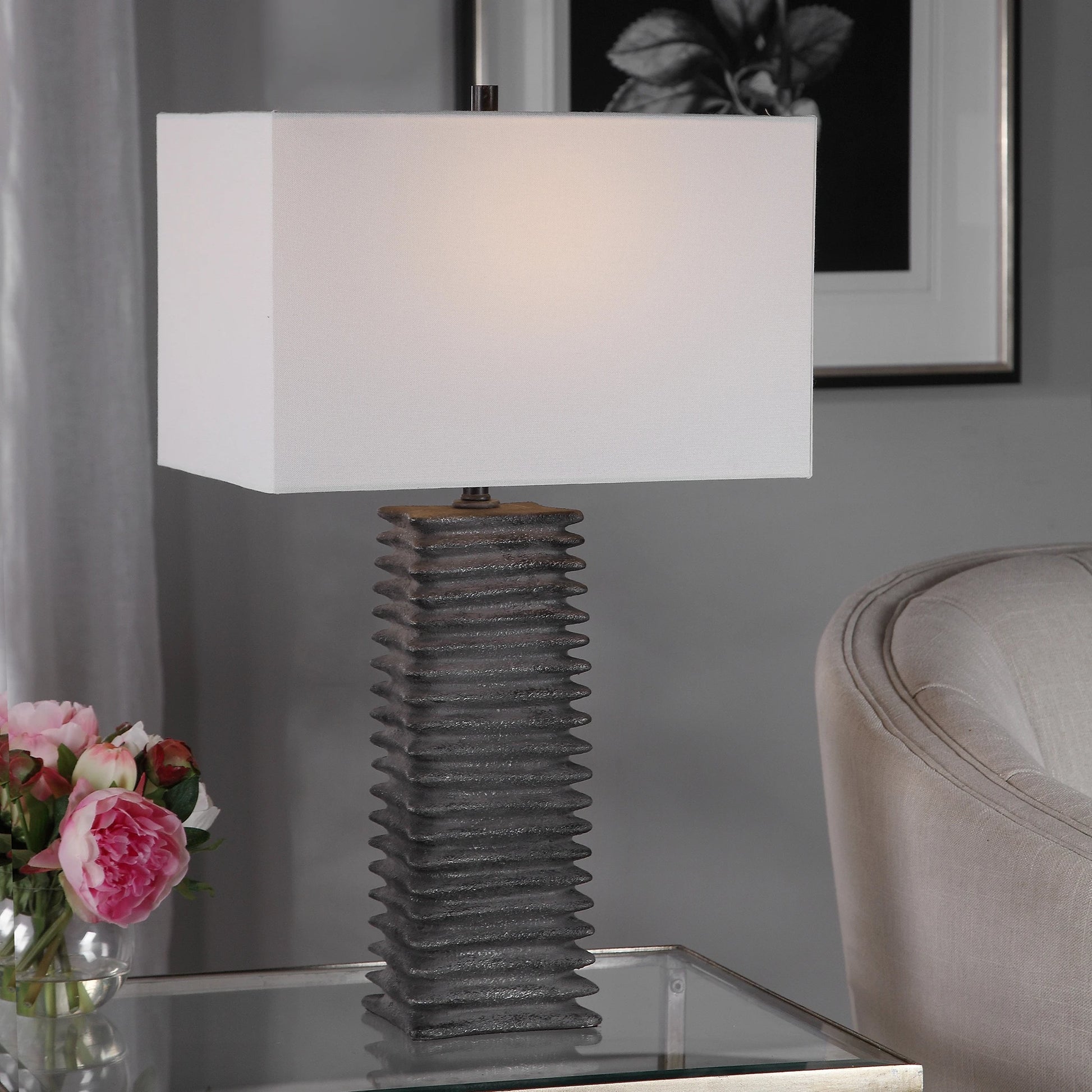 Sanderson Table Lamp by Uttermost in charcoal. Made from ceramic, steel, fabric in a rustic style.