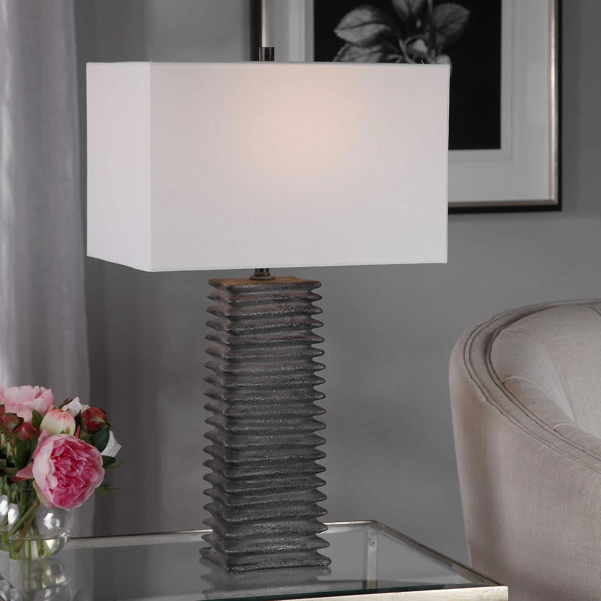 Sanderson Table Lamp by Uttermost in charcoal. Made from ceramic, steel, fabric in a rustic style.