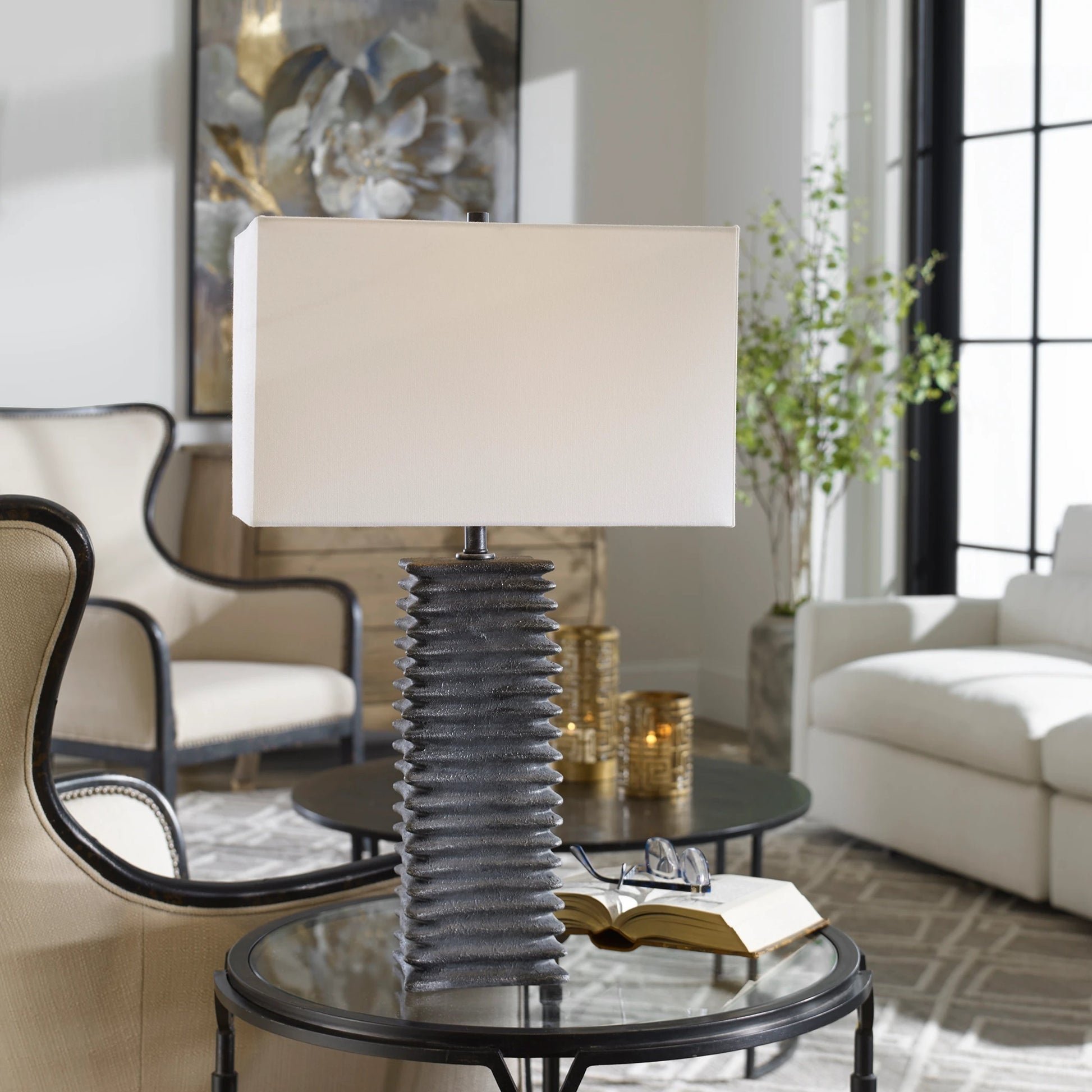 Sanderson Table Lamp by Uttermost in charcoal. Made from ceramic, steel, fabric in a rustic style.