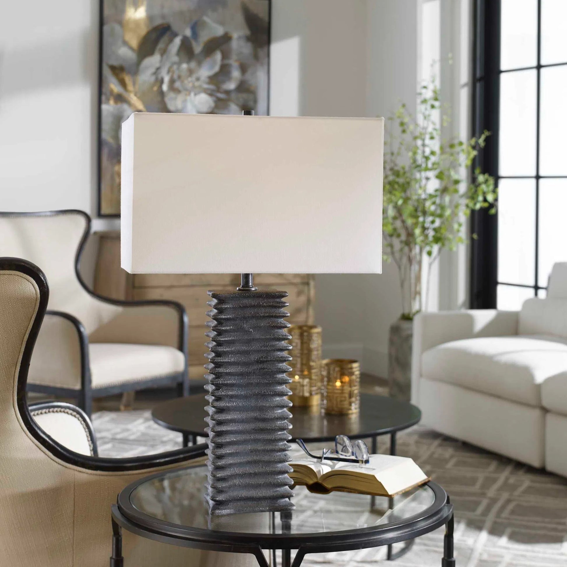 Sanderson Table Lamp by Uttermost in charcoal. Made from ceramic, steel, fabric in a rustic style.