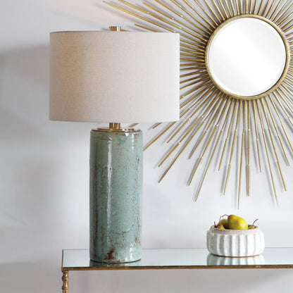 Callais Crackled Table Lamp by Uttermost in aqua. Made from ceramic, metal in a modern style.