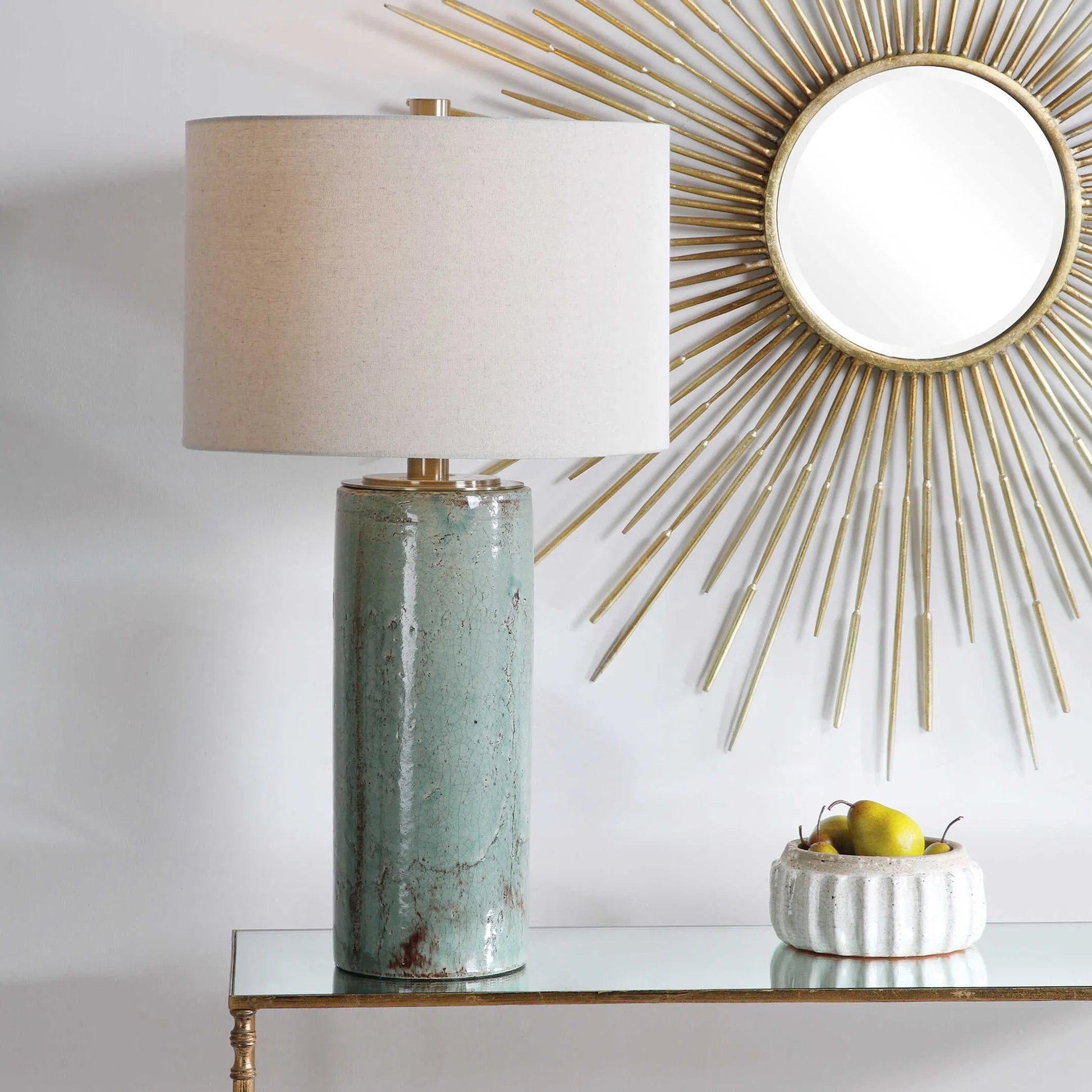 Callais Crackled Table Lamp by Uttermost in aqua. Made from ceramic, metal in a modern style.