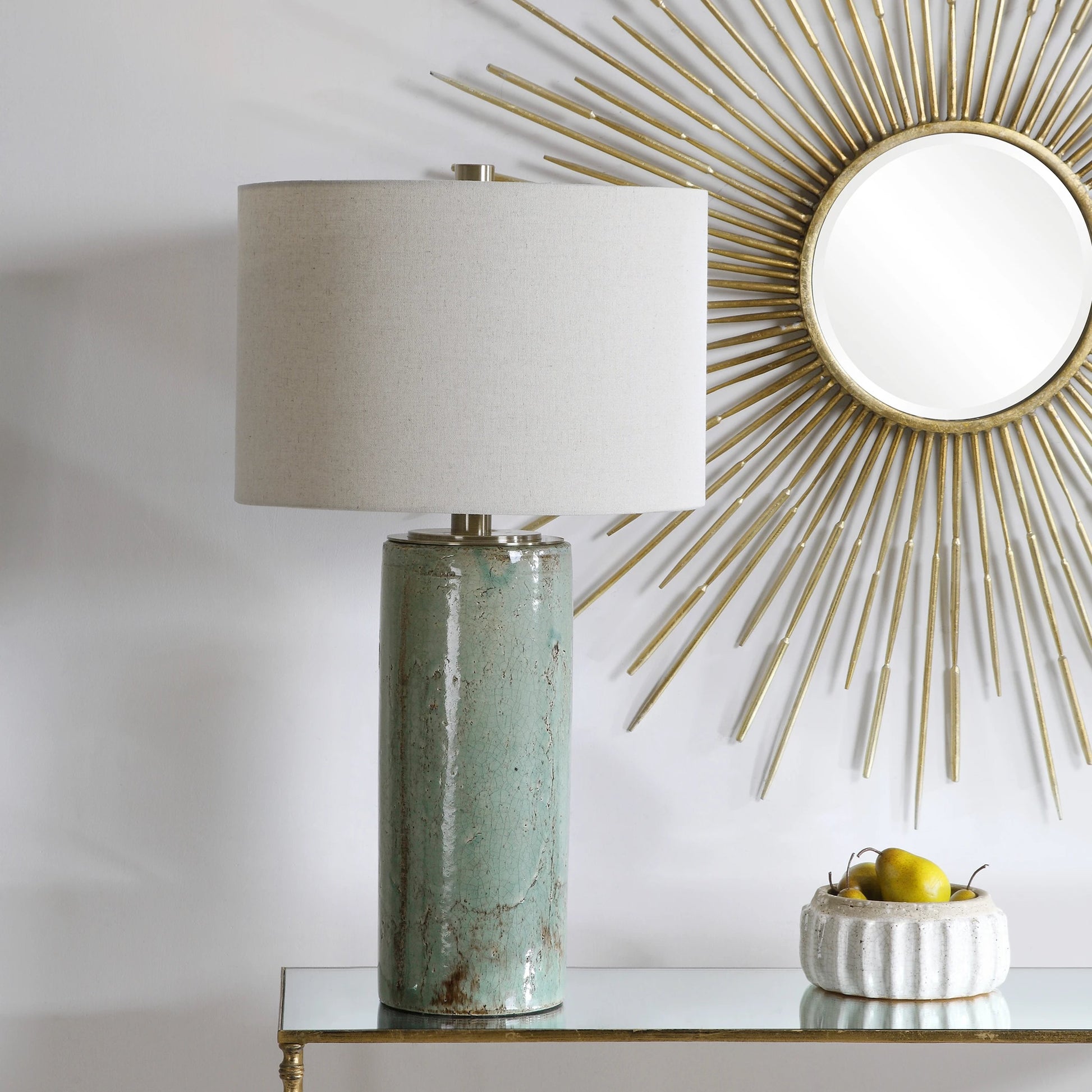 Callais Crackled Table Lamp by Uttermost in aqua. Made from ceramic, metal in a modern style.