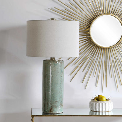 Callais Crackled Table Lamp by Uttermost in aqua. Made from ceramic, metal in a modern style.