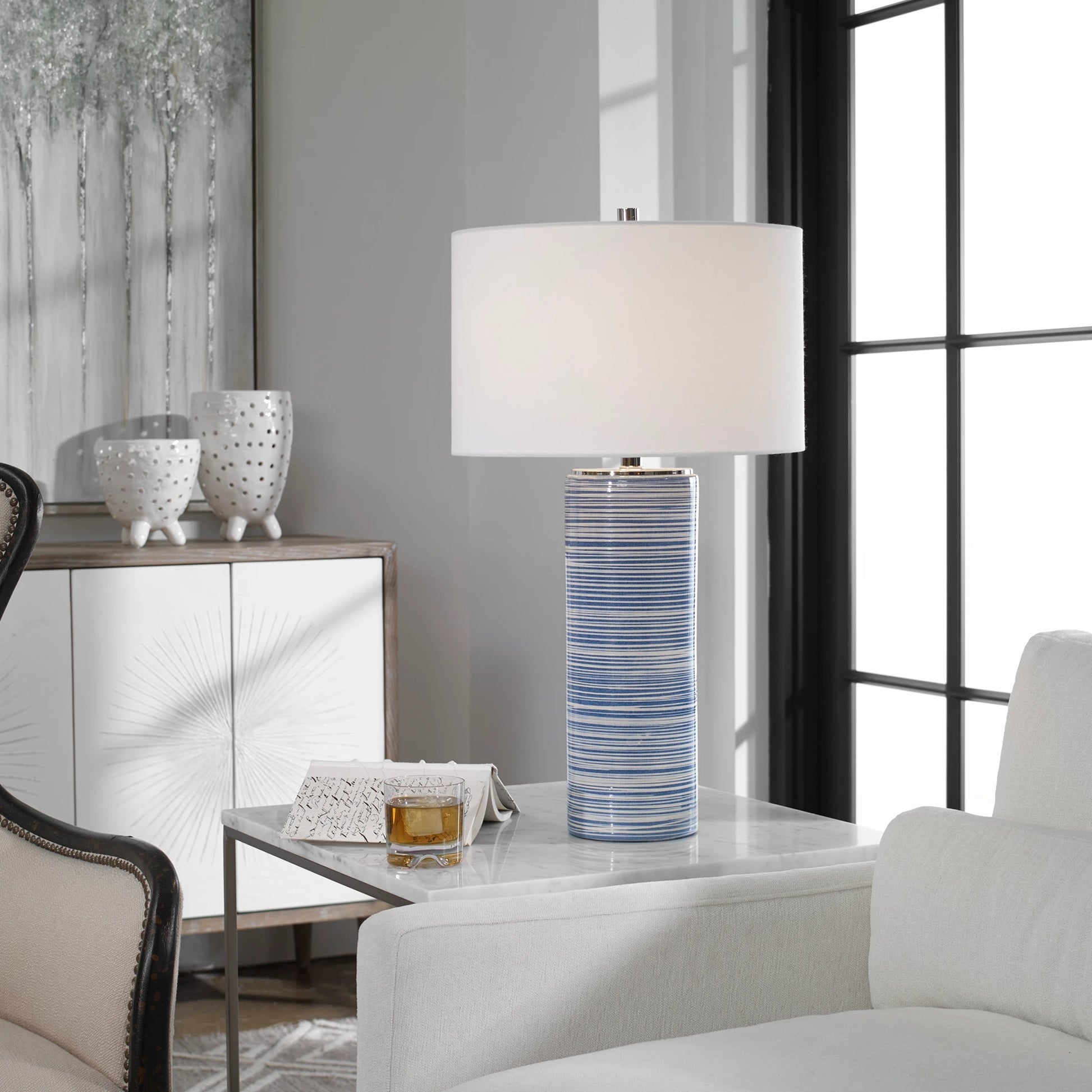 Montauk Striped Table Lamp by Uttermost. Made from ceramic, steel, fabric in a coastal style.