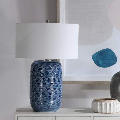 Sedna Table Lamp by Uttermost in blue. Made from medium temperature ceramic, iron in a coastal style.