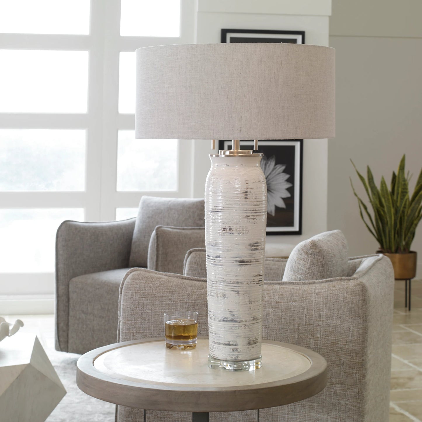 015 SR-766776 | Lifestyle | Lenta Table Lamp by Uttermost in white. Made from ceramic, iron, crystal in a transitional style.