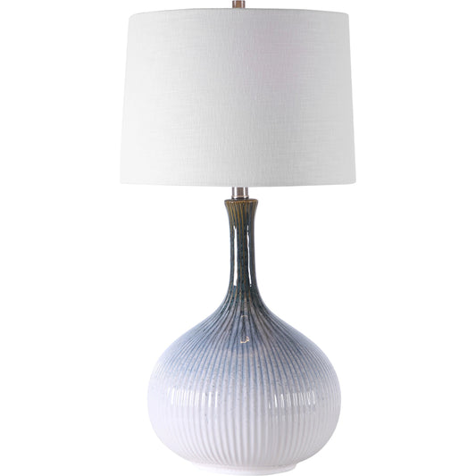 Eichler Mid-Century Table Lamp by Uttermost. Made from ceramic, fabric, iron in a coastal style.