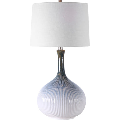 Eichler Mid-Century Table Lamp by Uttermost. Made from ceramic, fabric, iron in a coastal style.
