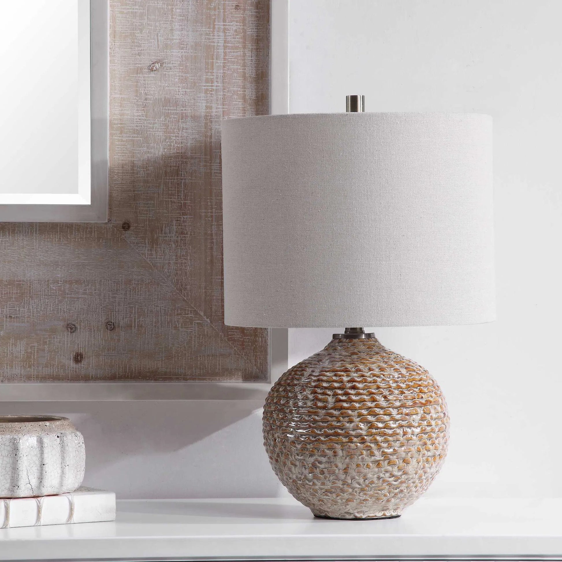 Lagos Rustic Table Lamp by Uttermost. Made from ceramic, metal, fabric in a coastal style.