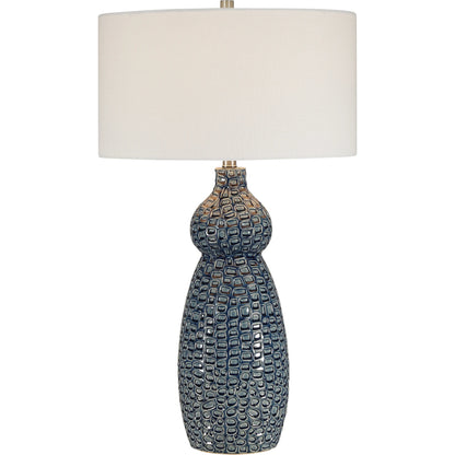 Holloway Table Lamp by Uttermost in blue. Made from ceramic, iron, fabric in a transitional style.