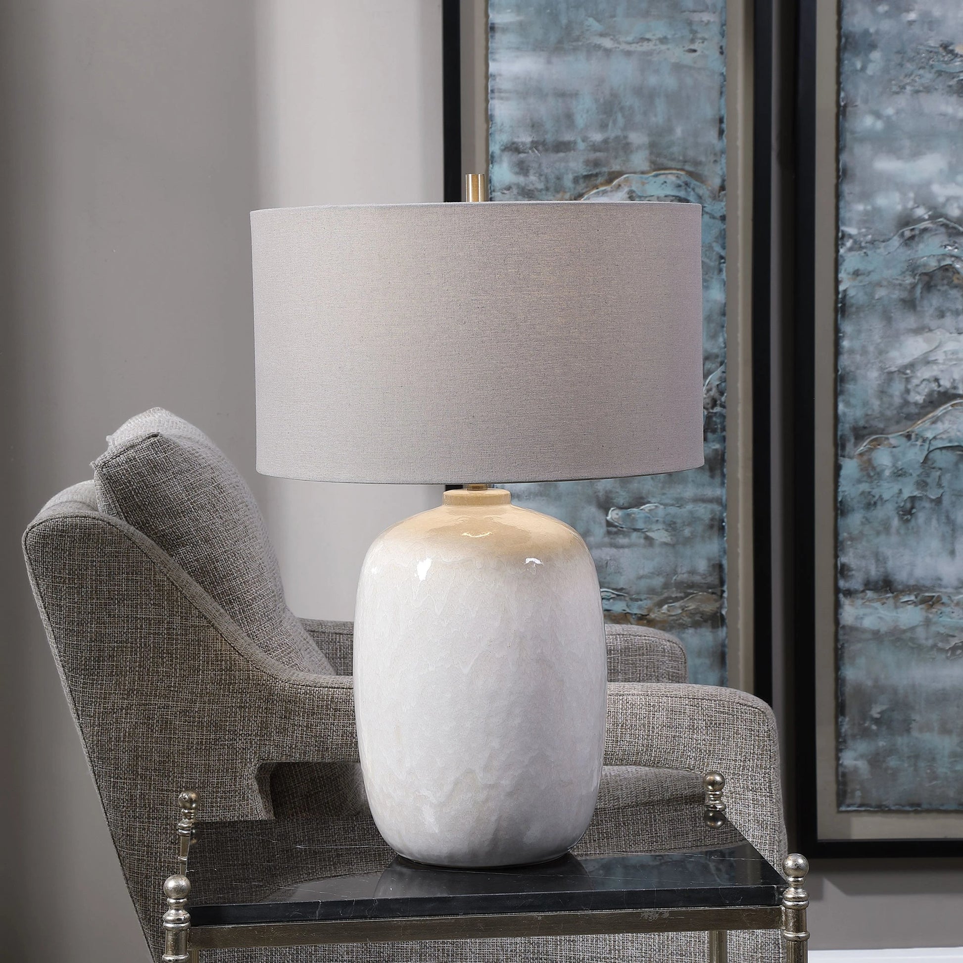 Winterscape Table Lamp by Uttermost in white. Made from ceramic, steel in a cottage & farmhouse style.