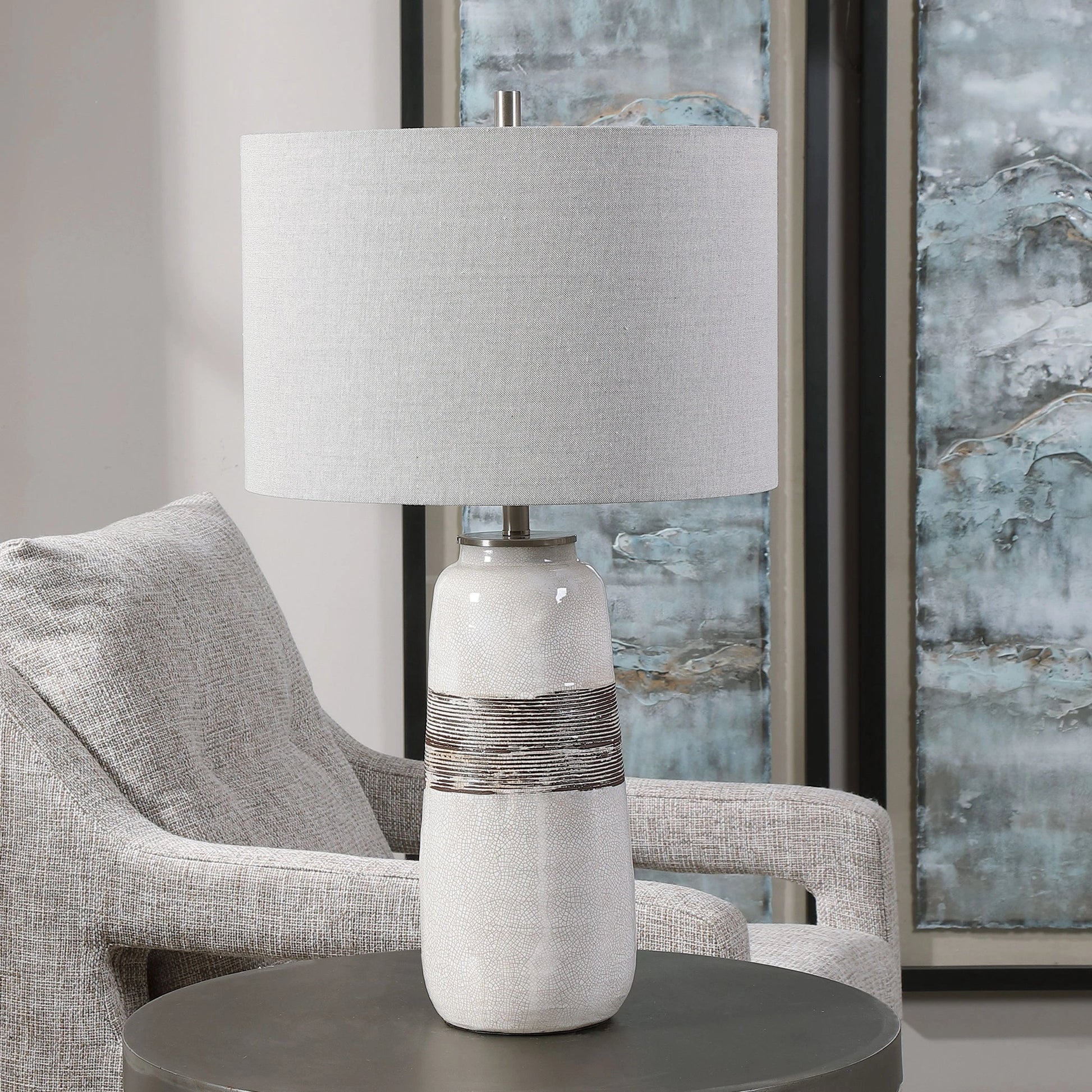 Comanche Crackle Table Lamp by Uttermost in white. Made from ceramic, steel in a eclectic & global style.