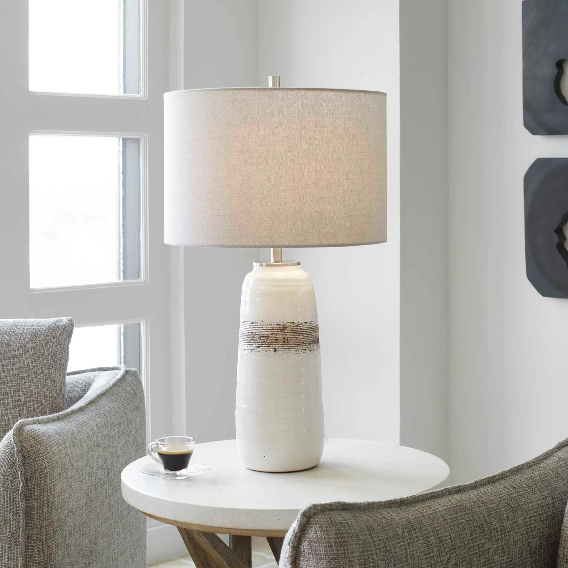 Comanche Crackle Table Lamp by Uttermost in white. Made from ceramic, steel in a eclectic & global style.