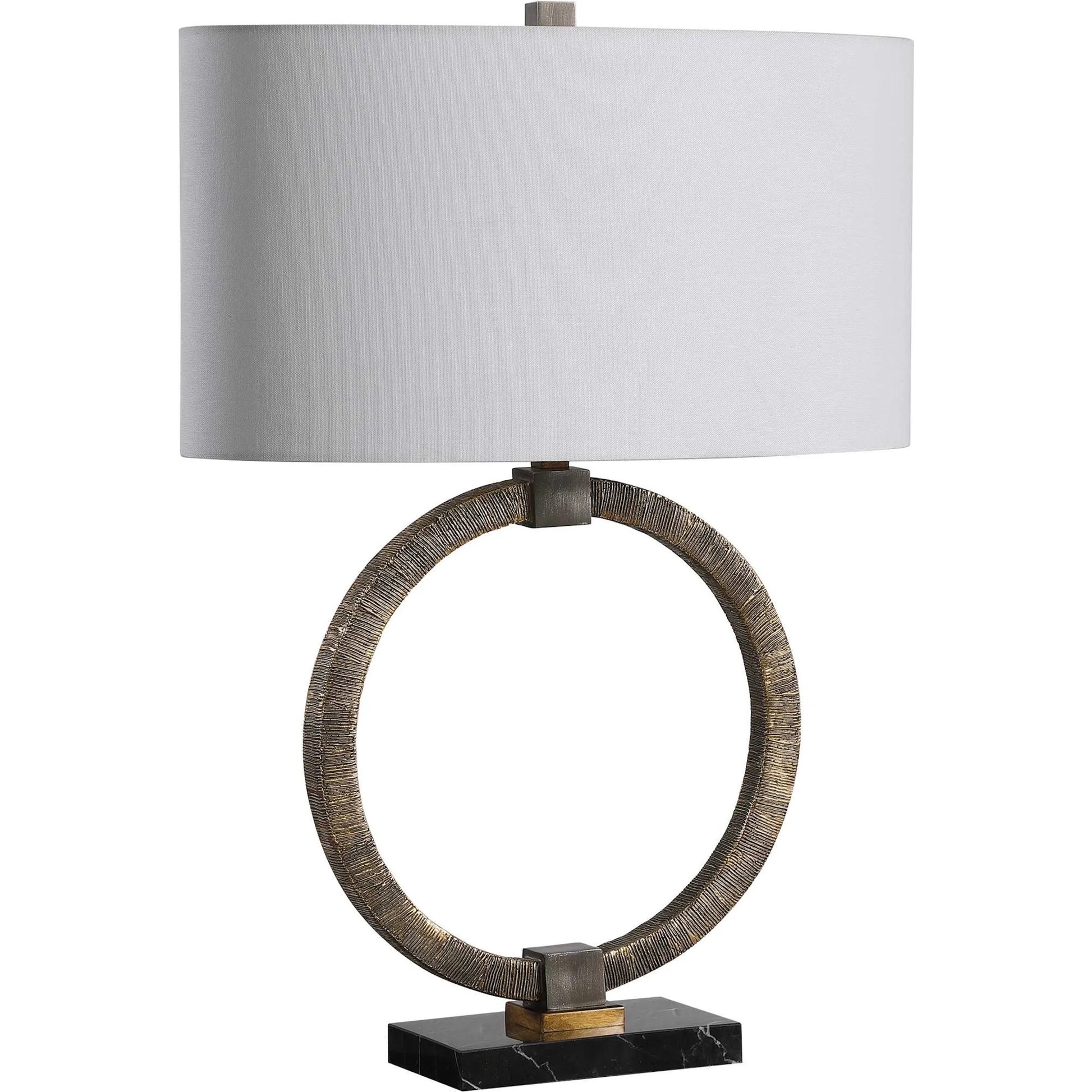 Relic Aged Table Lamp by Uttermost in gold. Made from resin, marble, iron, fabric in a eclectic & global style.