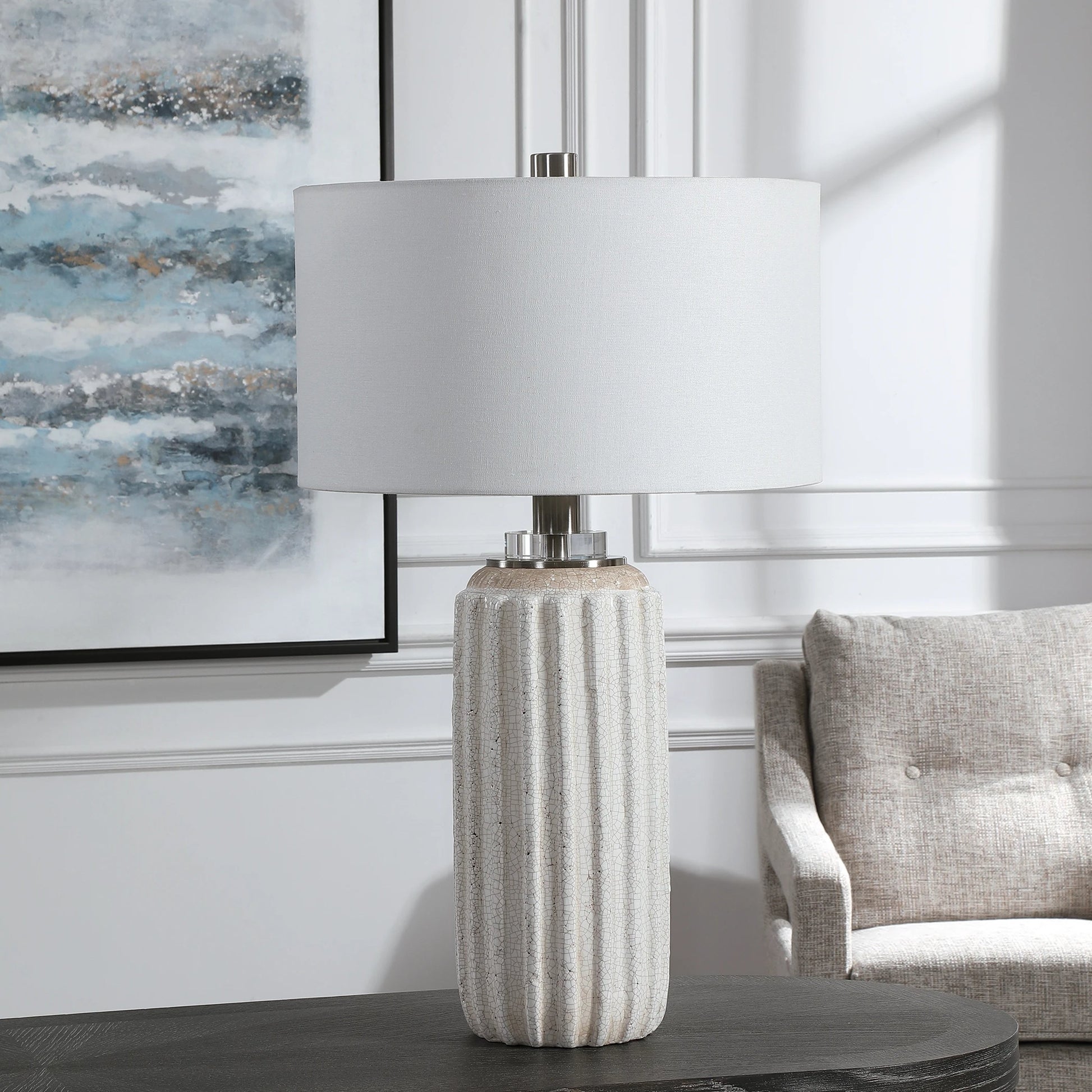 Azariah Table Lamp by Uttermost in white. Made from iron, ceramic, crystal, fabric in a modern style.